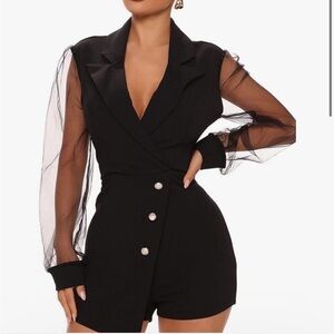 Chic Black Sheer Sleeve Blazer Jumpsuit